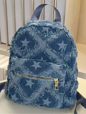 Affordable Fashion Finds Distressed Denim Star Patch Backpack - Blue-mini